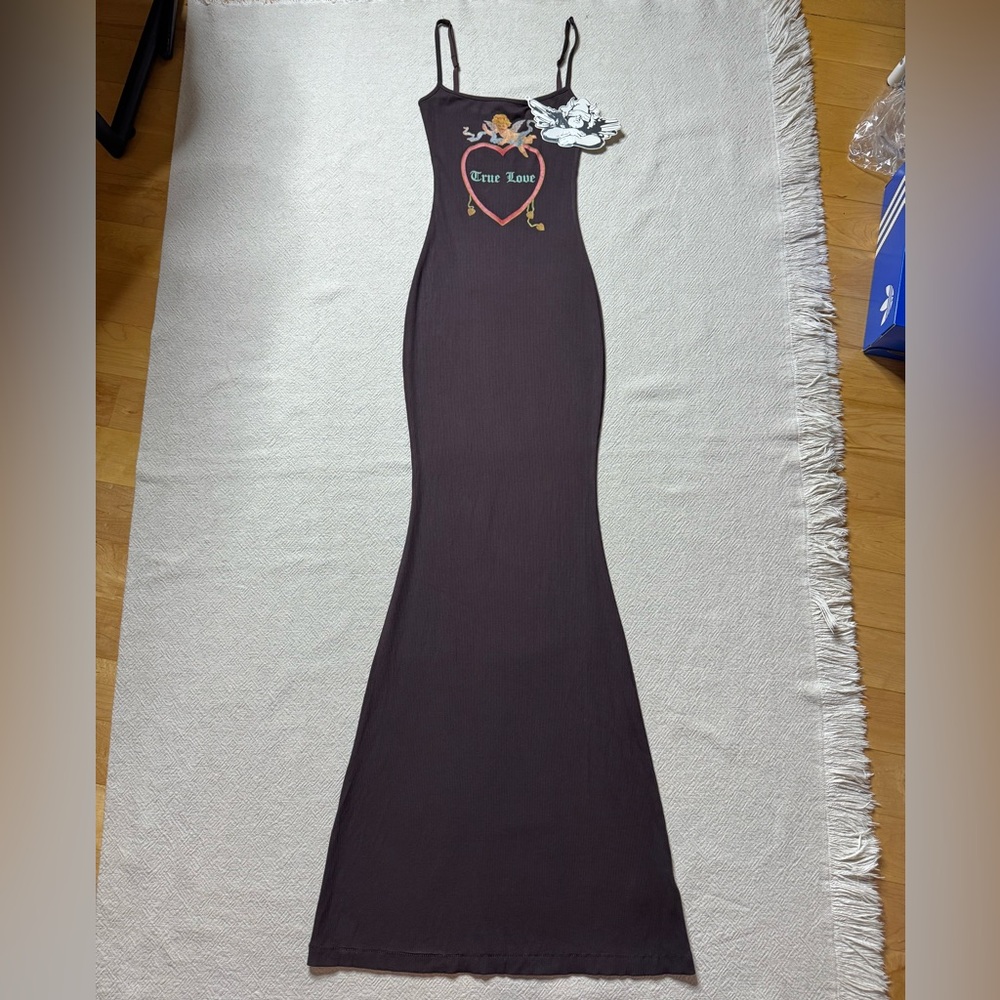 NEW Boys Lie Head Over Heals Dark Chocolate Brown Ribbed Maxi Dress XS True Love - Picture 2 of 8